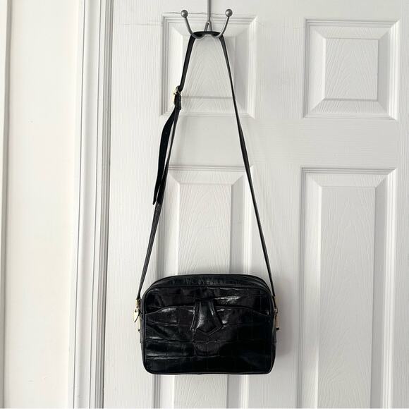 Sondra Roberts Vintage Black Leather Croc Embossed Rectangular Box Crossbody Bag - Picture 1 of 16